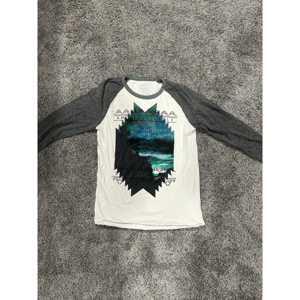 American Eagle Baseball Tee Athletic Fit Raglan Graphic White Grey XS Excellent